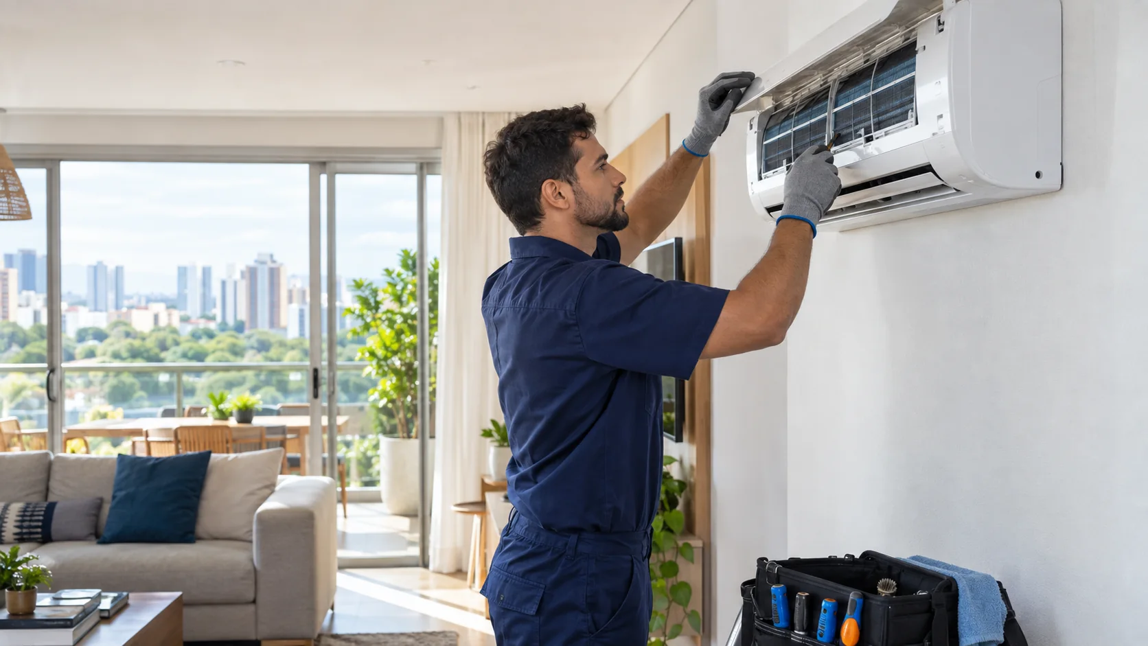 Técnico realizando manutenção profissional em um ar-condicionado split